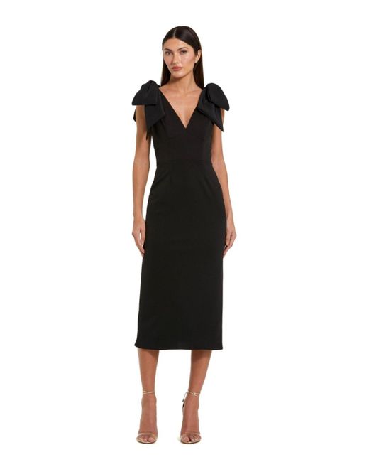 Mac Duggal Black Bow Strap Crepe Fitted Midi Dress