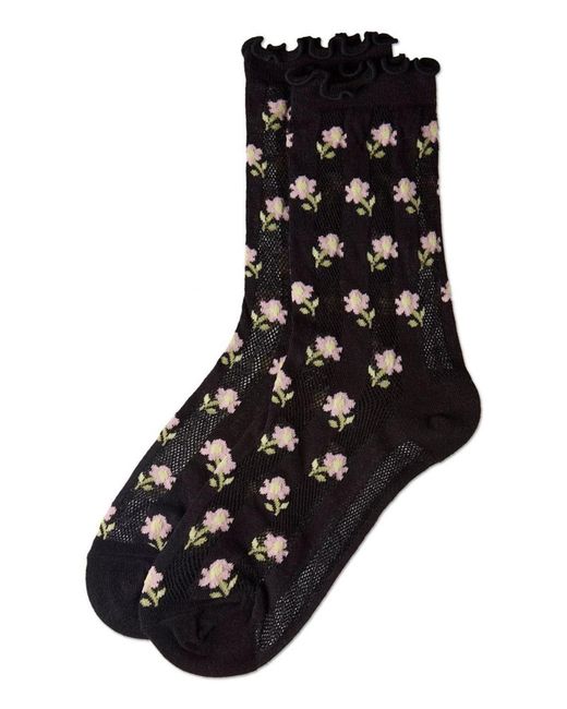 Memoi Black "ditsy Floral" Cotton-rich Mini-net Ruffle-edge Ankle Sock