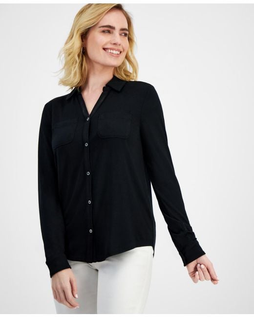 Style & Co. Blue Petite Button-front Long-sleeve Knit Shirt