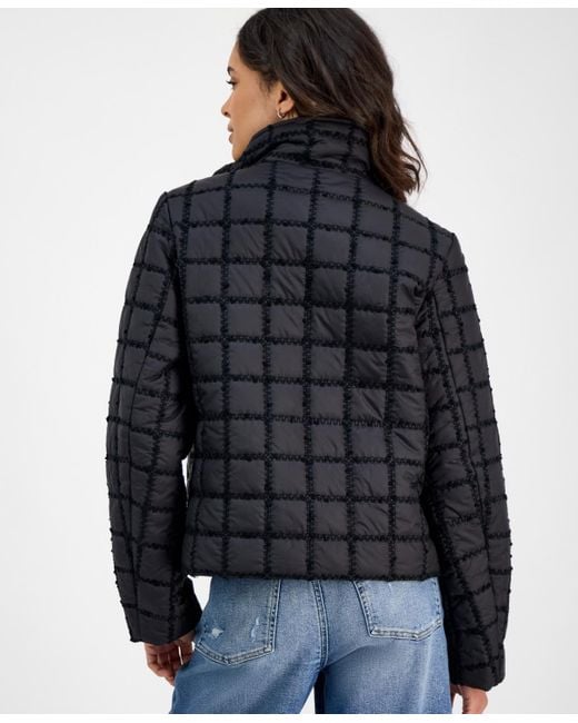 Cece Blue Short Boucle Windowpane Quilted Coat