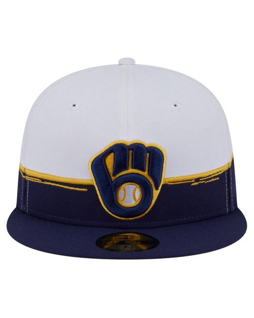 KTZ Blue Navy/white Milwaukee Brewers Paint Stroke 59fiftyâ Fitted Hat for men