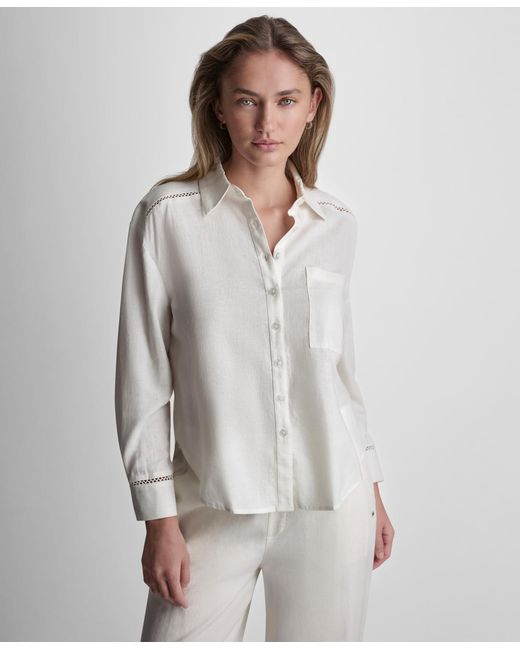 DKNY Women's Gray Petite Long-sleeve Button Front Shirt
