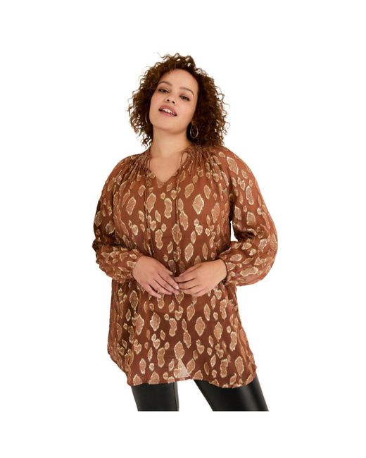 June + Vie Brown June + Vie June + Vie Metallic Print Blouse