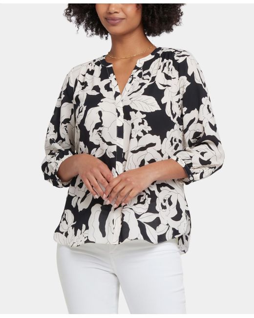 NYDJ Gray Pintuck Split Round Neck Top