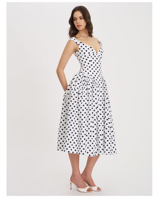 Miss Circle White Rahma Polka Dot Drop Waist Midi Cotton Poplin Dress