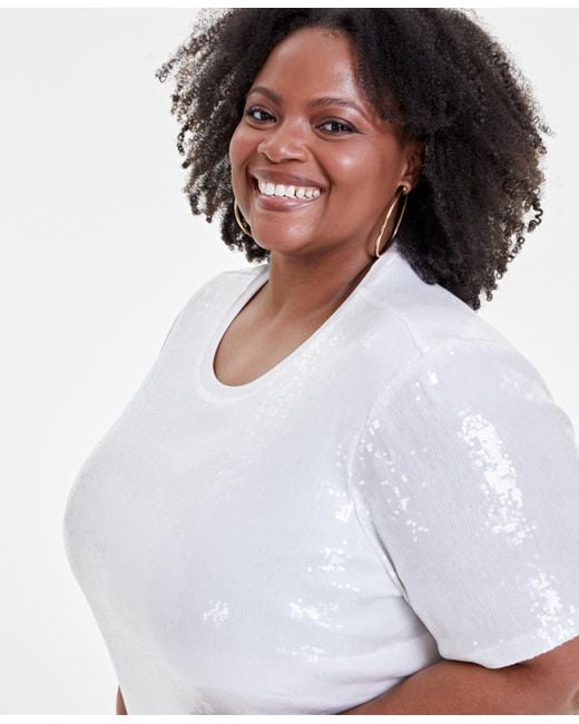 Nina Parker White Trendy Plus Size Printed Short-sleeve Sequin Dress