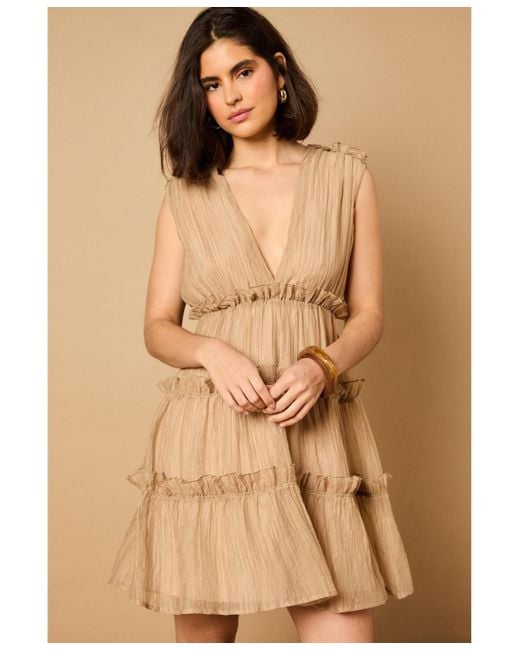 Oasis Natural Tiered Detail V-neck Mini Dress