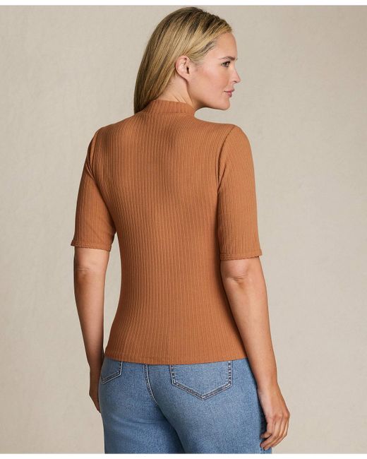 Lands' End Blue Plus Size Elbow Sleeve Pointelle Rib Mock Neck