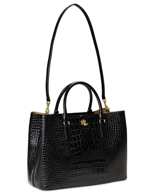 Ralph Lauren Black Marcy Large Embossed Leather Satchel Bag