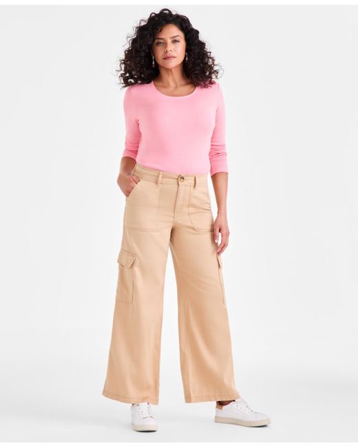 Style Women's Pink Mid Rise Wide-leg Cargo Pants