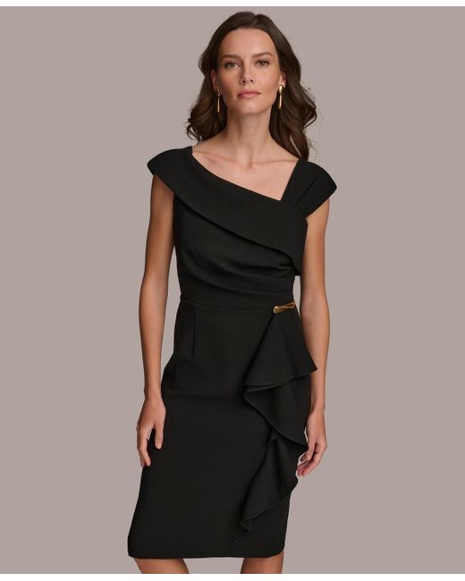 Donna Karan Black Asymmetric Neckline Cap Sleeve Ruffle Trim Sheath Dress
