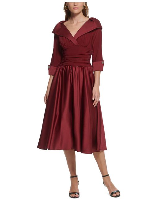 Jessica Howard Petite Portrait collar Satin Midi Dress in Red Lyst