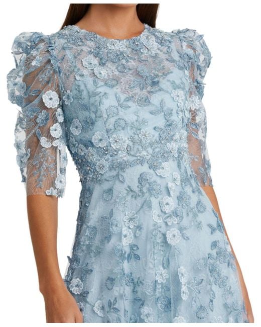 Mac Duggal Blue Applique High Neck Puff Sleeve A Line Dress