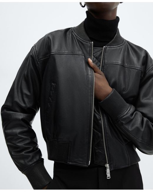 Mango Black Leather Bomber Jacket