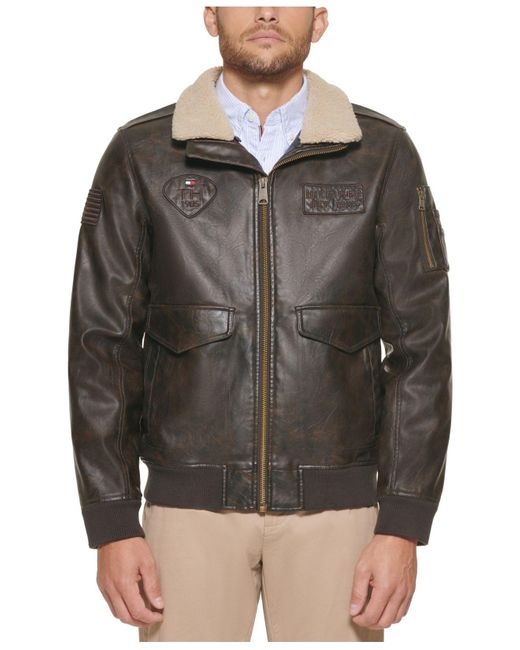 Tommy Hilfiger Brown Faux Leather Aviator Bomber Jacket, Created For Macy's for men