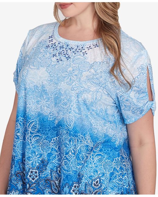 Ruby Rd Blue Plus Size Crystal Ombre Cold Shoulder Crew Neck Top