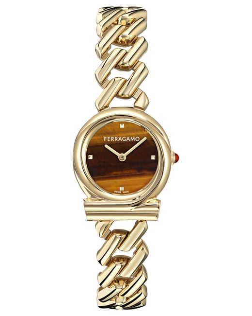 Ferragamo Metallic Swiss Gancini Twisted Chain Gold Ion Plated Bracelet Watch 28mm
