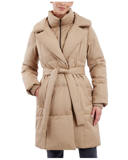 Anne Klein Bibbed Belted Trench Puffer Coat in Natural Lyst