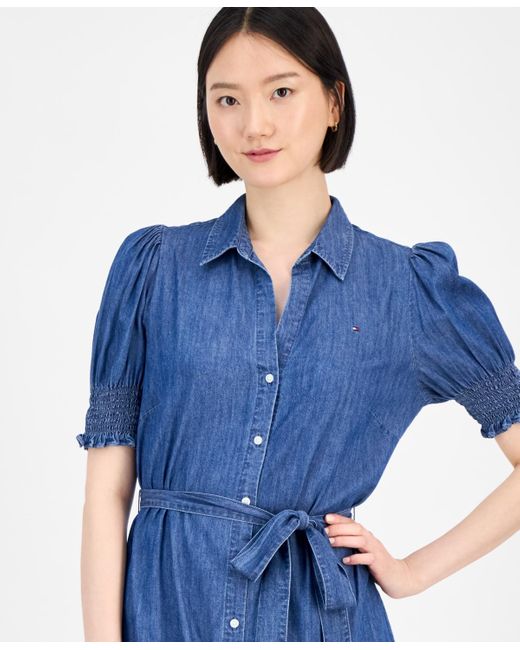 Tommy Hilfiger Blue Chambray Puff-sleeve Midi Dress