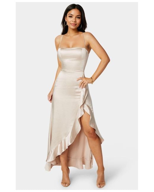 Bebe White Satin Ruffle Maxi Lace Up Back