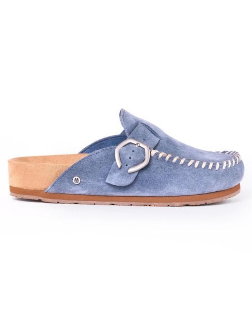 Minnetonka Blue Suede Adjustable Buckle Clogs