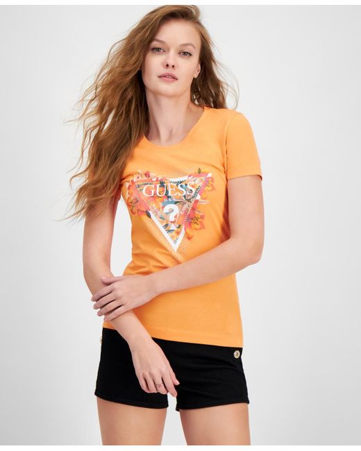 Guess Orange Tropical Triangle Cotton Embellished T-shirt