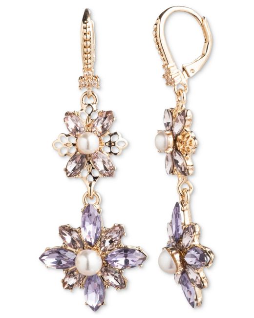 Marchesa White Gold-tone Stone Floral Double Drop Earrings