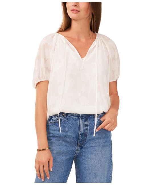 Vince Camuto White Jacquard Split Neck Puffed Sleeve Top