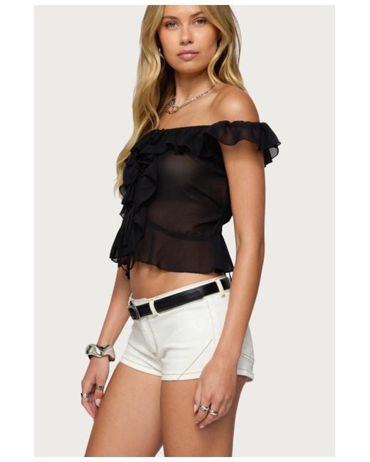 Edikted Black Sheer Chiffon Ruffled Off Shoulder Top