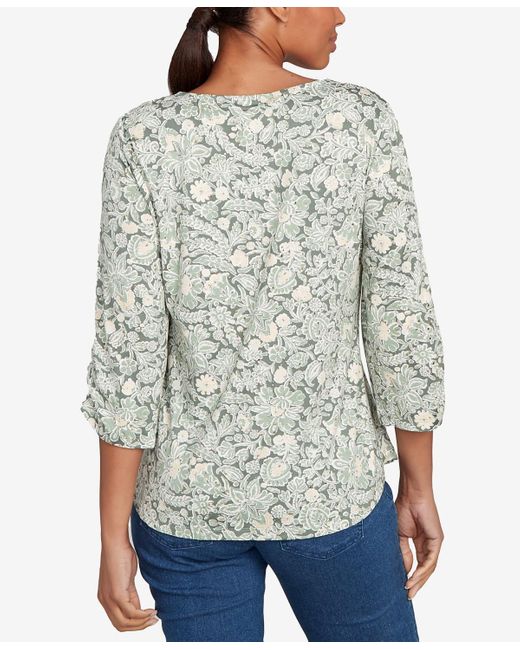 Ruby Rd Gray Petite Floral Dew Drop Ruched Sleeves Top