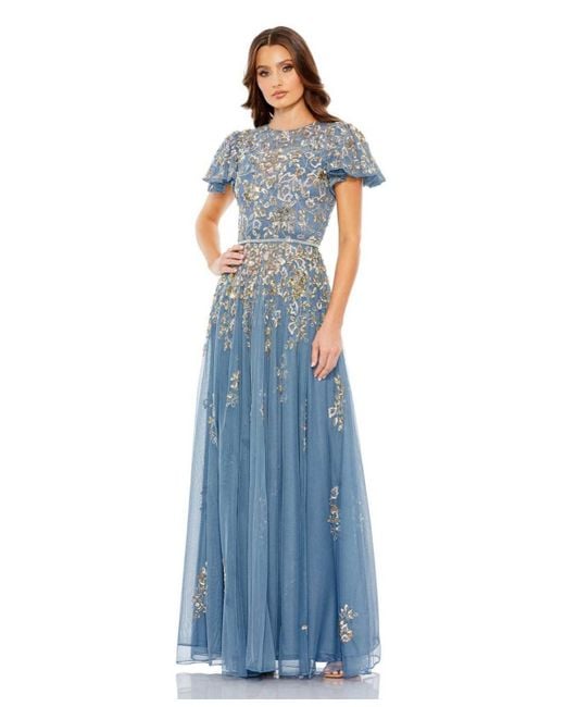 Mac Duggal Blue Embellished Butterfly Sleeve High Neck Gown