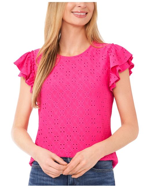 Cece Pink Ruffled Short-sleeve Eyelet Knit Top