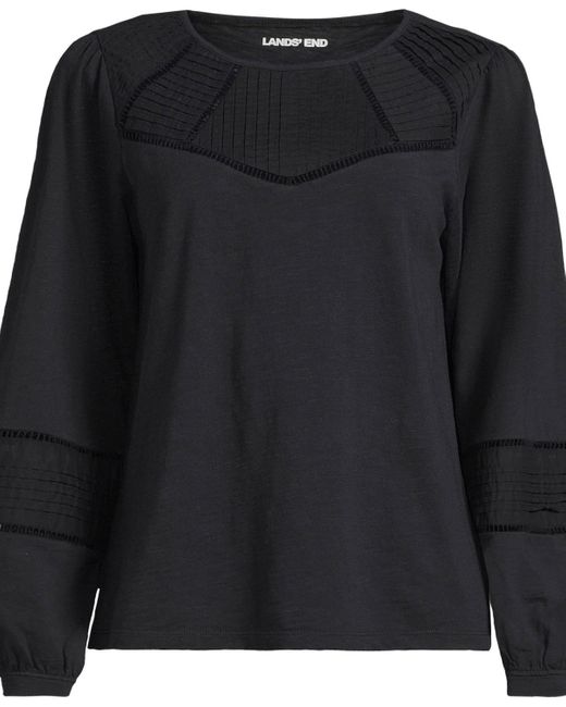 Lands' End Black Long Sleeve Slub Pintuck Top