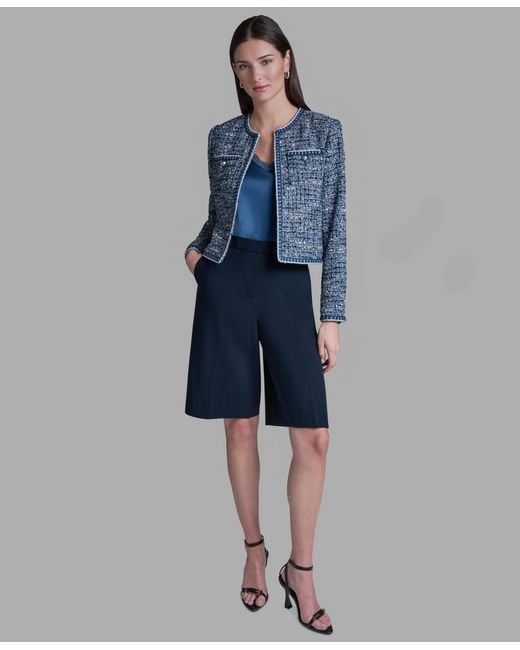 BCBGMAXAZRIA Blue Shoulder Padding Open Front Tweed Jacket