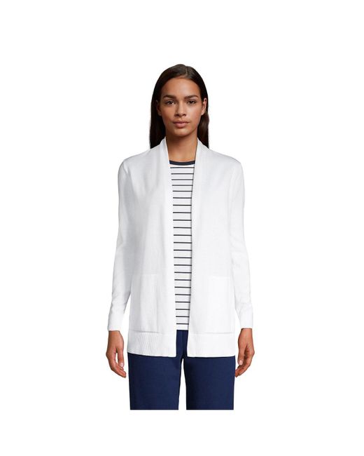 Lands' End Cotton Open Long Cardigan Sweater in White Lyst