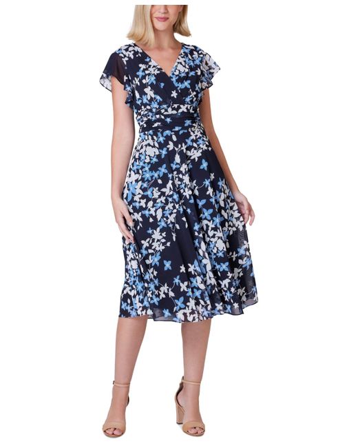 Jessica Howard Blue Petite Floral Flutter-sleeve Midi Dress
