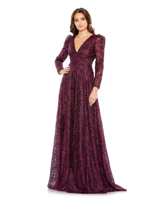 Mac Duggal Purple Embellished V Neck Long Sleeve A Line Gown