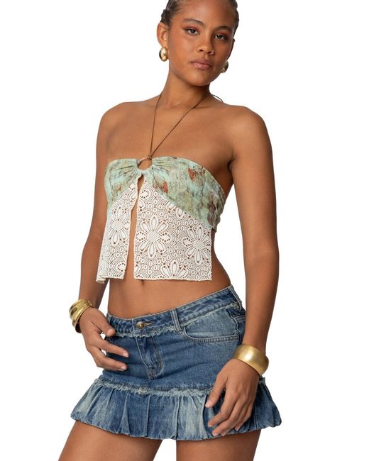 Edikted Blue Kloe Backless Crochet Split Front Top