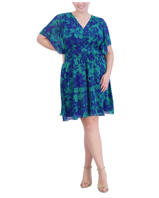 Jessica Howard Blue Plus Size Floral-print Smocked-waist Dress