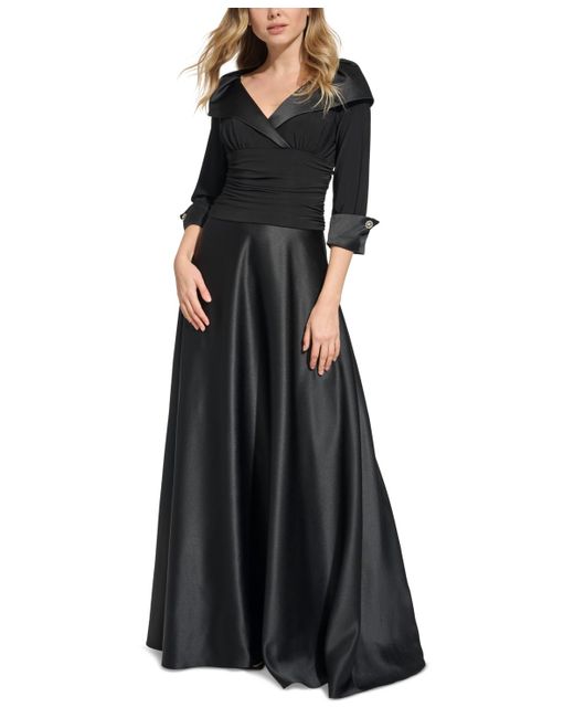 Jessica Howard Black Mixed-media Ruched-waist Gown