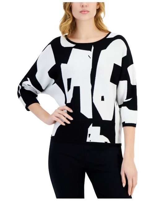 Tahari Black Abstract Print 3/4-sleeve Crewneck Sweater