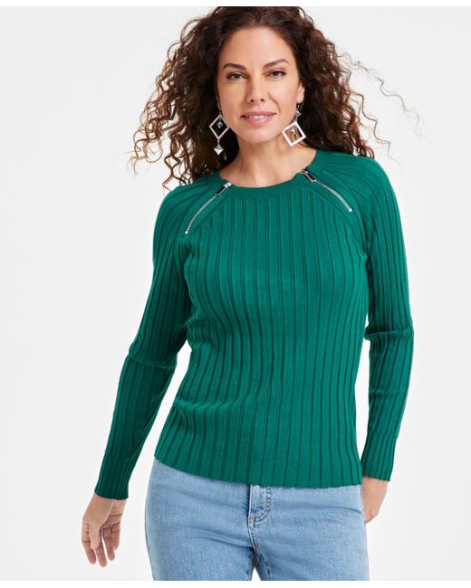 INC International Concepts Zipper Detail Ribbed Long Sleeve Sweater in Green Lyst