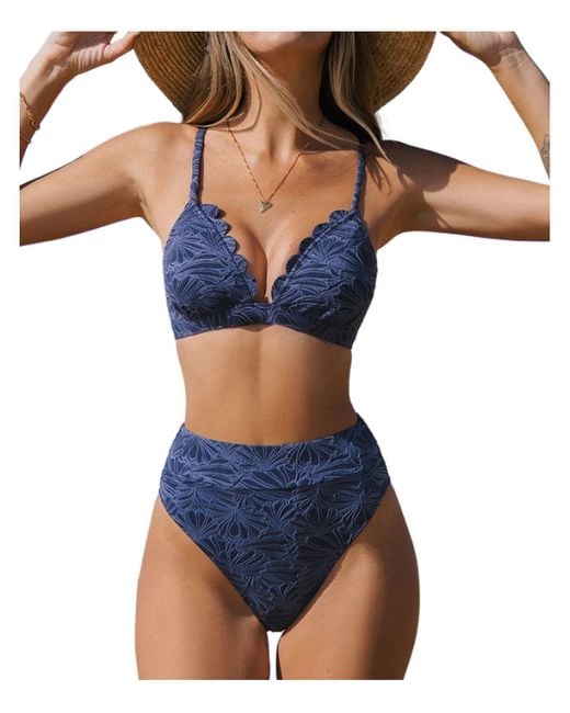 CUPSHE Blue Bikini Set Scalloped Cross Back High Waisted Bathing Suit Swimsuit