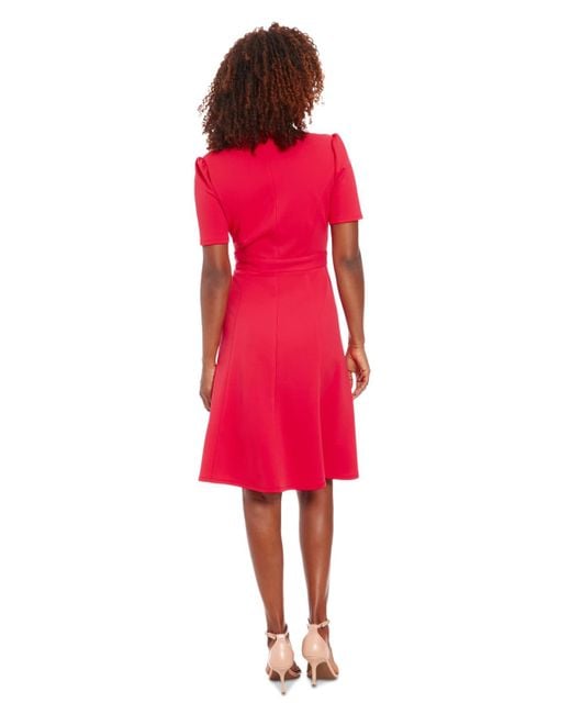 London Times Red Stand-collar Zip-front Scuba Dress