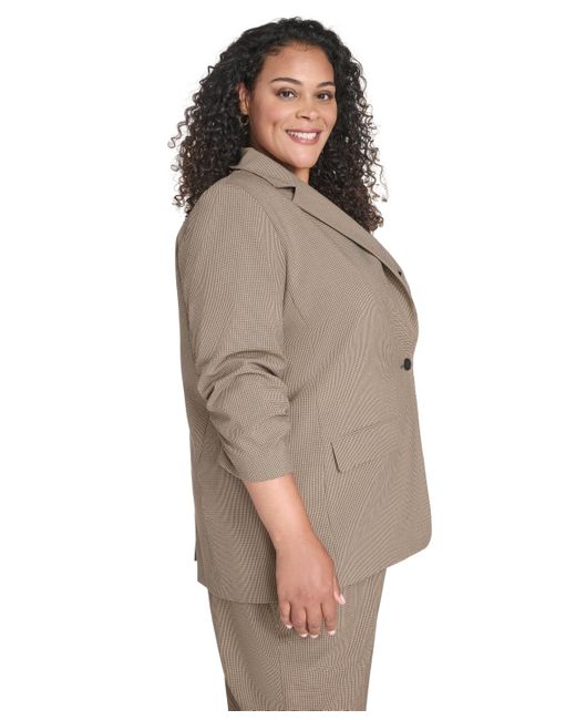 Calvin Klein Brown Plus Size Check-print One-button 3/4-sleeve Jacket