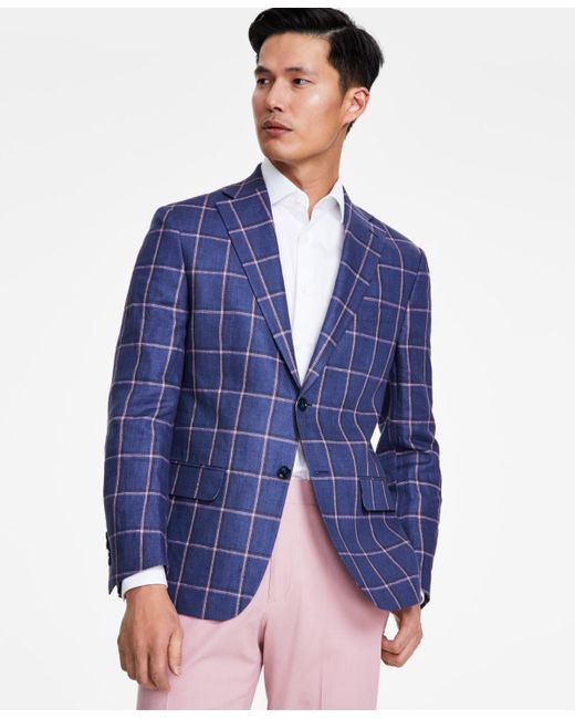 Tallia Blue Slim-fit Plaid Linen Sport Coat for men