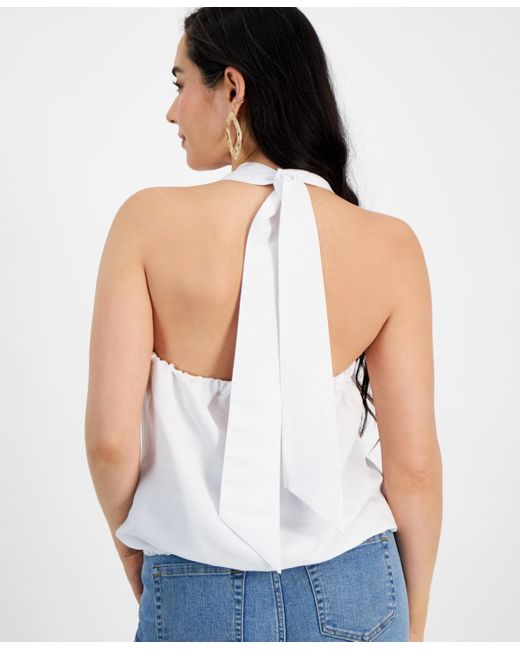 INC International Concepts White Petite Linen-blend Tie-hem Halter Top