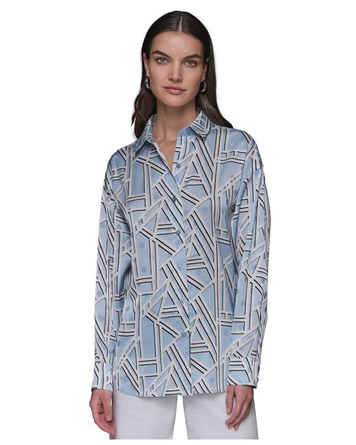 Karl Lagerfeld Blue Satin Geo-print Oversized Button-front Top