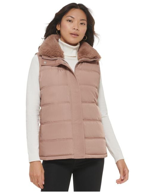 Calvin Klein Faux Fur Collar Puffer Vest in Natural Lyst
