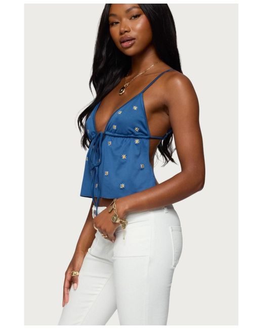 Edikted Blue Soleil Embroidered Open Back Top